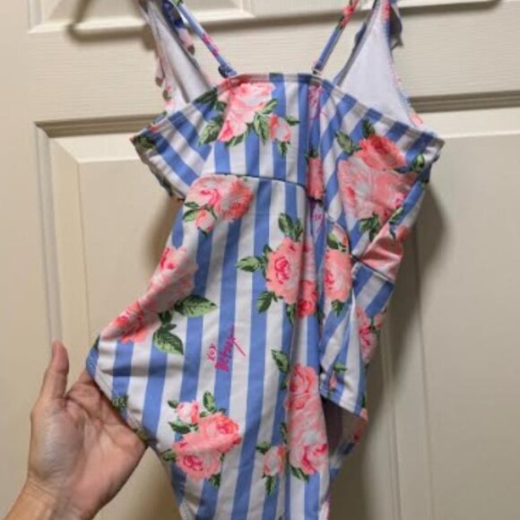 Betsey Johnson Blue Stripe Floral One Piece bathing Suit with Ruffle Trim - Picture 4 of 5